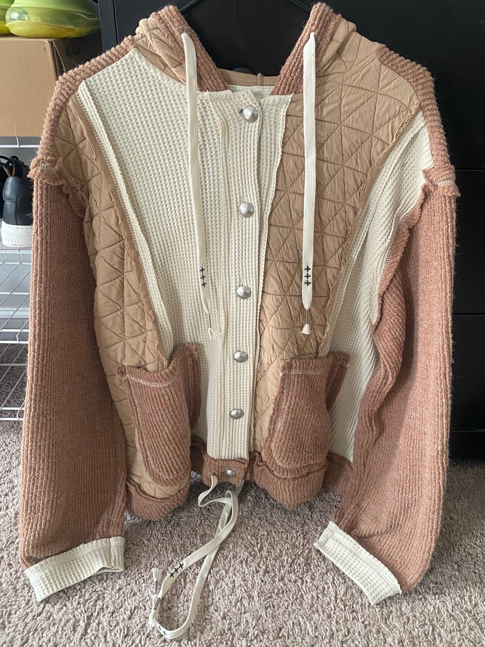 POL Mixed Knit Sweater Jacket in Cream & Brown